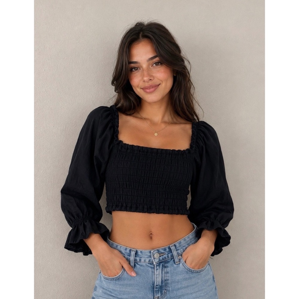 Free People Intimately Smocked Crop Top Black Long Puff Sleeve Square Neck M